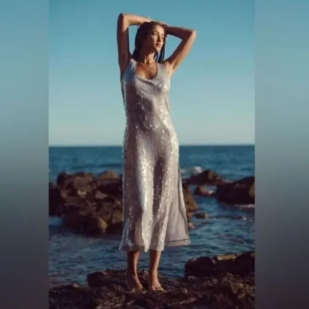 ZARA new with tags SEQUIN MIDI DRESS SILVER - x-small